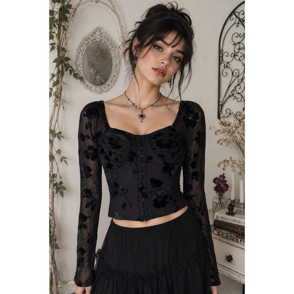 Gothic Velvet Burnout Floral Corset Style Top Size XXS Black Whimsigoth Fairy
